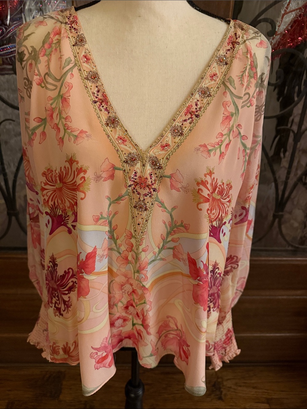 Camilla Blossoms and Brushstrokes Floral Silk V-Neck Blouse